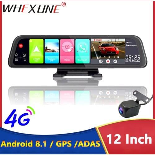 WHEXUNE 4G Android 8.1 Car DVR Camera GPS 12 inch Rearview mirror 2G RAM+32G ROM dash cam Video recorder ADAS Parking Monitoring