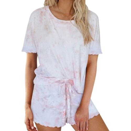 Women Pajamas Tie Dye Print Long Sleeve Shirt Elastic Drawstring Shorts 2 Piece Set Sleepwear Casual Suit Loungewear