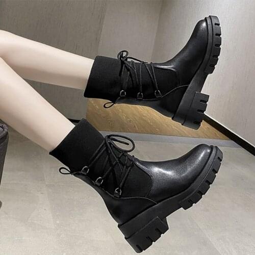 Womens Chunky Heels Mid-calf Boots Fashion Stretch Fabric Ladies Shoes Female Autumn Footwear 2020 Casual Platform Woman Boots
