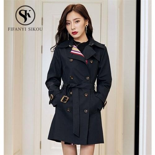 High quality Trench coat women 2019 Fashion Striped Classic Double Breasted Belt Long Coat Lady Waterproof Business Outerwear