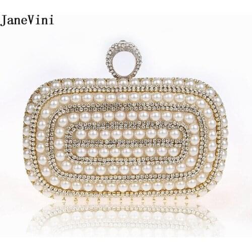 JaneVini Women Rhinestones Pearls Wedding Clutch Ladies Night Party Wallets Ring Bag Gold Black Beaded Evening Banquet Handbags
