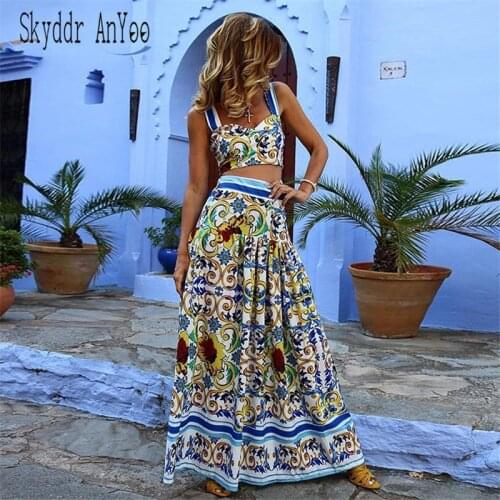 Vintage Printed Women Summer Maxi Dress Two Piece Set Sexy Spaghetti Straps Boho Beach Dress Plus Size 3XL Long Dresses Vestidos
