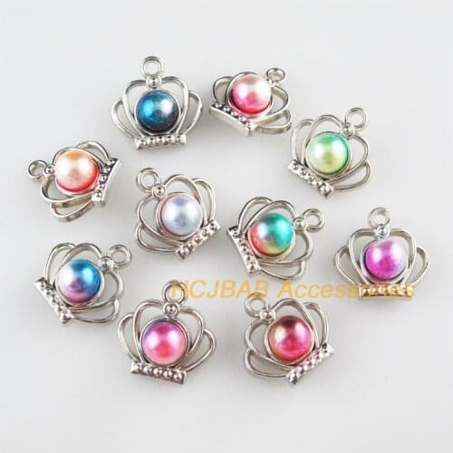 24 New Crown Charms Colored Acrylic Dull Silver Plated Pendants 19mm