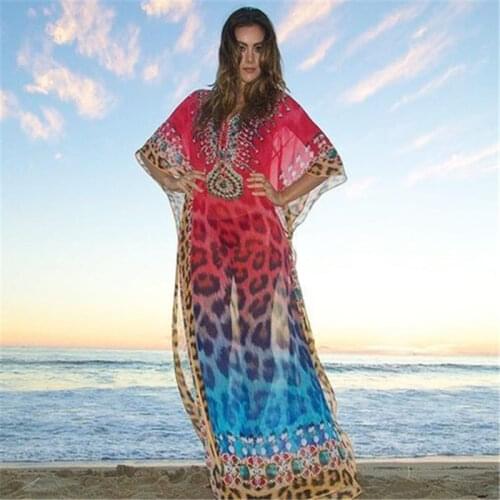 2021 Bohemian Red Leopard Printed Embroidered Loose Summer Beach Dress Plus Size Women Beachwear Bats Sleeve Maxi Dress N993