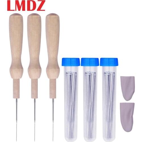 LMDZ 60PCS 3 Size Felting Needles Wool Felt Tools with 3 Clear Bottles and 3 Wooden Handles And 1 Pair Leather Finger Protector