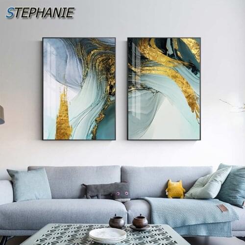 Abstract Green Purple Blue Poster and Print Luxury Wall Art Picture for Living Room Entrance Modern Golden Foil Canvas Painting