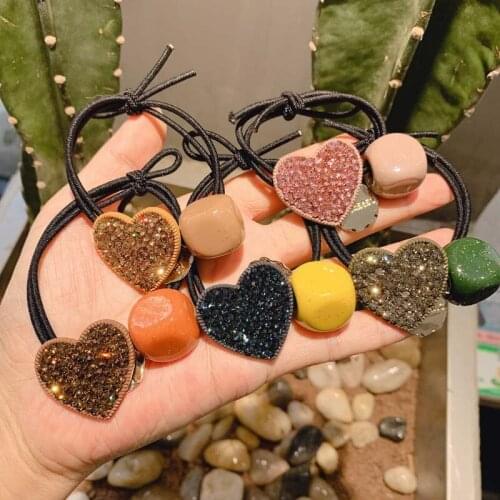 Colored Heart-shaped Crystal Hair Ties Ropes Elastic Hair Band Candy Color Rhinestone Ponytail Holder Hair Accessories Wholesale