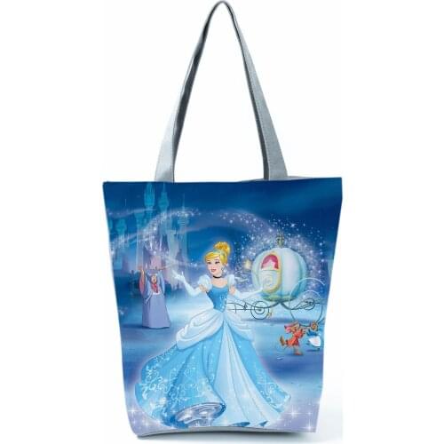 Disney Princess Cinderella Printed Shoulder Bag Tote Animation Eco Reusable Shopping Bag Blue Beach Bag High Capacity Handbag