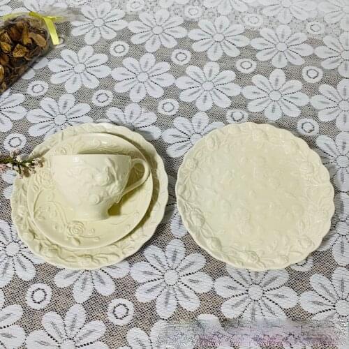 European Retro Coffee Mug Ceramic Beige Embossed Rose Afternoon Tea Cup Dessert Snack Plate Household Coffee Cup Saucer Set