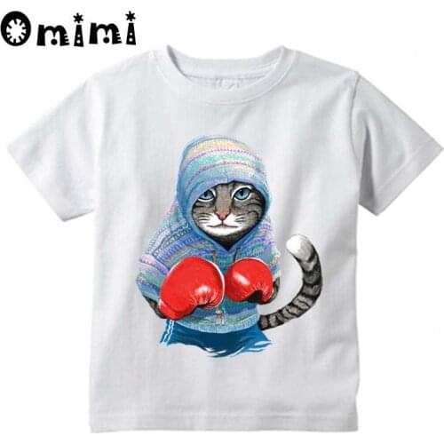 Boys/Girls Super Boxing Cat Attack Design T Shirt Kids Casual Cool Tops Childrens Summer White Cute T-Shirt