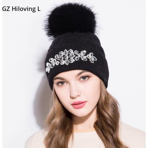GZHilovingL 2017 New High Diamonds Winter Warm Beanies Hats For Womens Female Girls Soft Wool Knitted Fur pompom Beanie Skullies