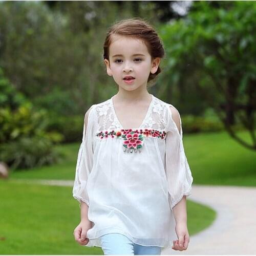 Chinese wind t-shirt trendy kids baby clothes 2017 summer embroidered chiffon Princess Long sleeve top for girl toddler shirt