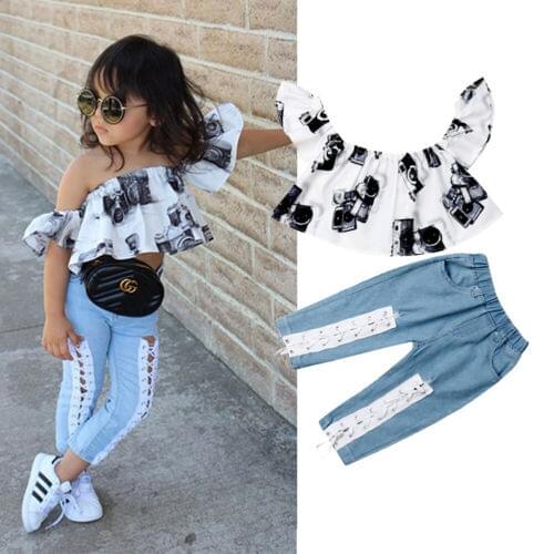 2PCS Baby Girl Kid Clothes Child Outfit T-shirt Top Denim Jeans Pants Trousers