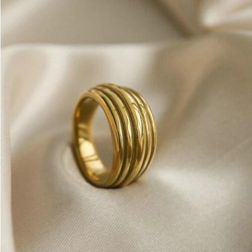 Fashion Trend Wide Face Chunky Rings For Women 18K Gold IP Plateding Stainless Steel Thread Texture Finger Rings
