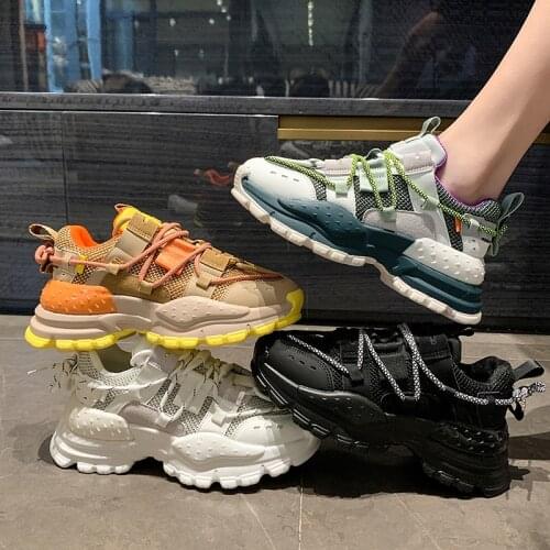 Large size 35-40 spring and autumn new womens sports shoes fashion thick-soled lace-up mesh casual single shoes breathable