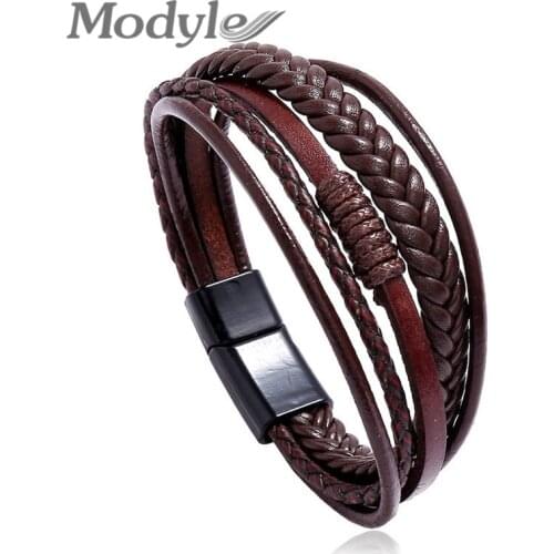 Modyle New Fashion Classic Genuine Leather Bracelet For Men Hand Charm Jewelry Multilayer Male Bracelet Handmade Jewelry