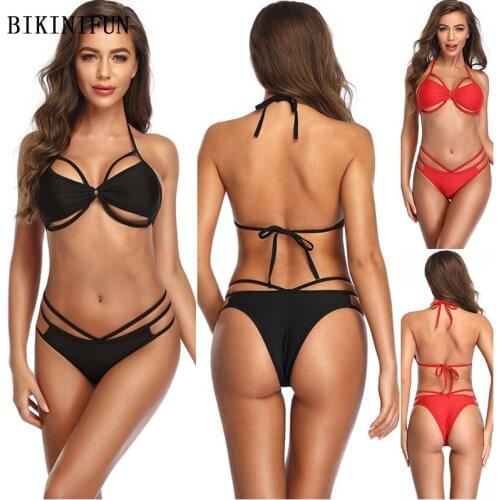 2021 New Sexy Metal Ring Swimsuit Women Solid Color Swimwear Backless Halter Beachwear S-XL Girl High Waist Strappy Bikini Set