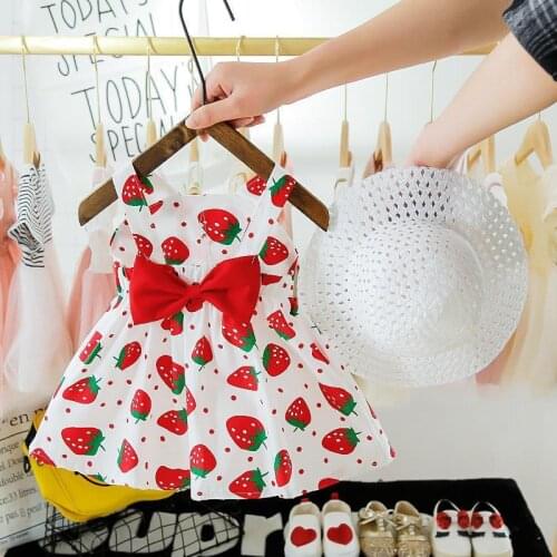 Baby Girls Dresses 2021 Summer Childrens Clothing Set Sleeveless Strawberry Print Princess Dress+Hat Infant Newborn Beach Dress