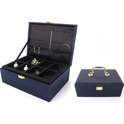 Blue Brushed Multifunctional Ring Jewelry Storage Box Three-layer Women Earring Bracelet Necklace Jewellery Organizer Portable