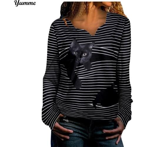 3D Funny Cat Print Autumn Top Women Long Sleeve T Shirt Female Striped Tops Women Tee Shirt V-neck Tee Lady Plus Size Clothing
