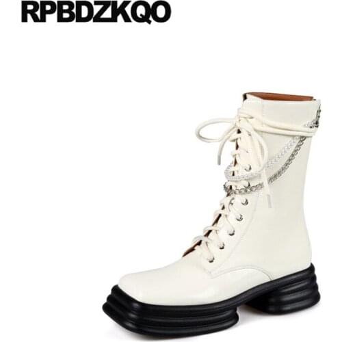 Square Toe Chunky High Heel Lace Up Punk Rock Boots Platform Harajuku Black And White Female Women Shoes Metal Pearl Ankle Chain