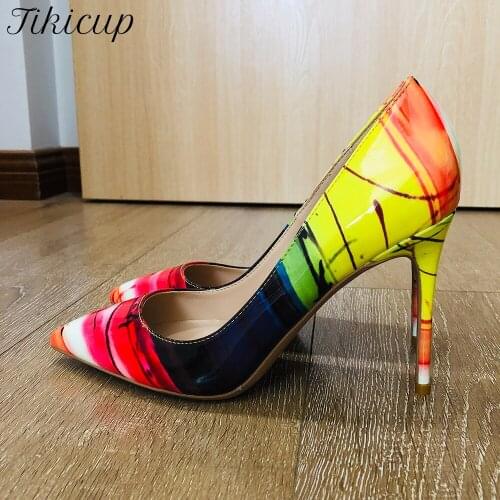 Tikicup Gratiffi Print Women Patent Leather Pointy Toe High Heels African Ladies Party Dress Shoes Sexy Stiletto Pumps Plus Size