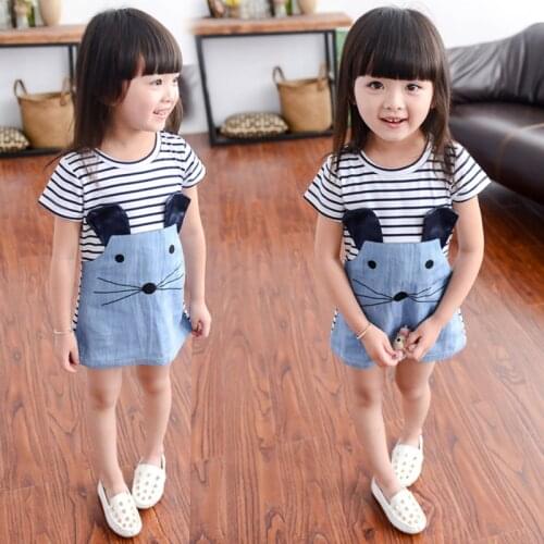 2-6 Years Summer Girls Dresses Knee-Length Cute Cat Print Stripe Splicing Straight Kids Girls Cotton Dress Tops Clothes