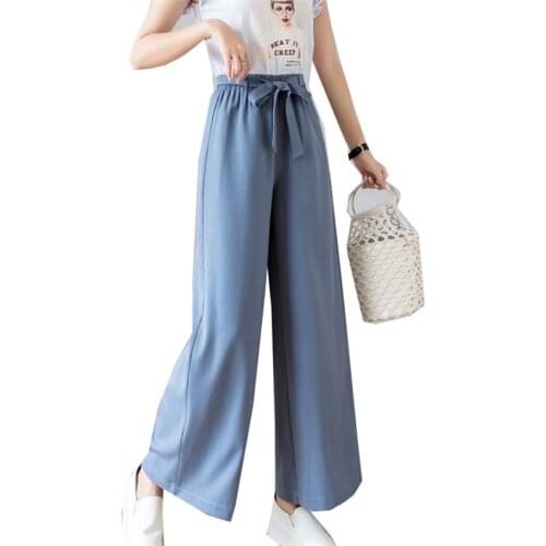 Gowyimmes 2019 Summer Big Size S-2XL Women Chiffon Pants Casual Wide Leg Pant High Waist Trousers Slim Female Blue Pants PD351