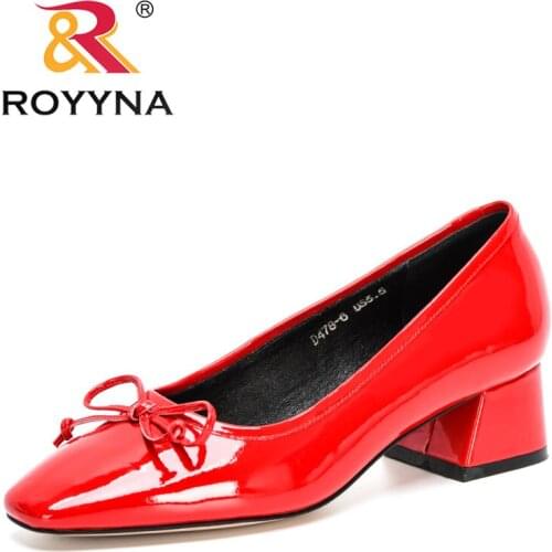 ROYYNA 2021 New Designers Genuine Leather Women Office Shoes Block High Heels Formal Shoes Woman Ladies Bowknot Ladies Footwear