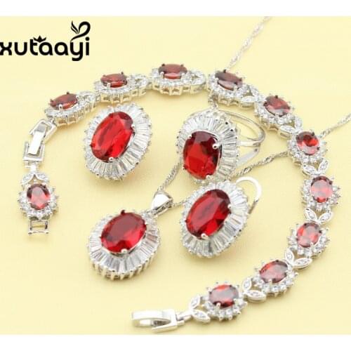 Women Four Piece Red Stones Cubic Zirconia Fashion Silver colorJewelry Sets Cheerful Necklace Ring Earring Bracelet Free Box