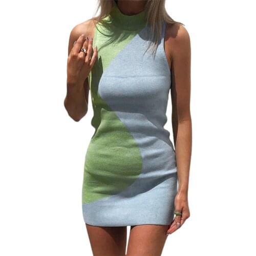 Women’s Summer Sleeveless Knitted Dress Fashion Contrast Color Round Neck Tight Short Dress