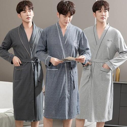 Plus Size Autumn Winter Long Sleeve Cotton Kimono Robes for Men Korean Sleepwear Bathrobe Male Loungewear Homewear Home Clothes