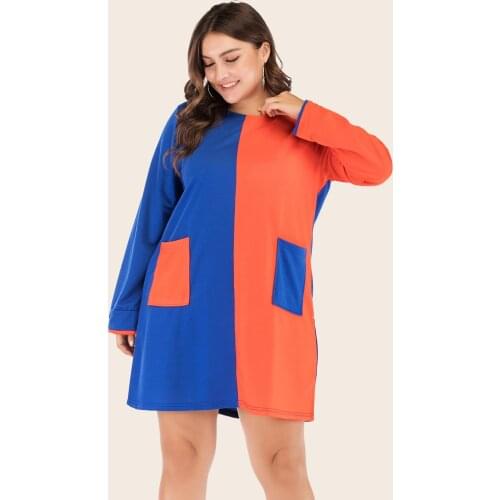 DOIB Colouring Patchwork Dresses Women Plus Size A Line Full Sleeve Large Size Dress Autumn Loose Casual Oversize Dress