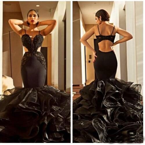 Sexy Black Mermaid Prom Dresses Long 2019 New Design Spaghetti Straps Cutaway Sides Evening Gowns With Ruffles Train Red Carpet