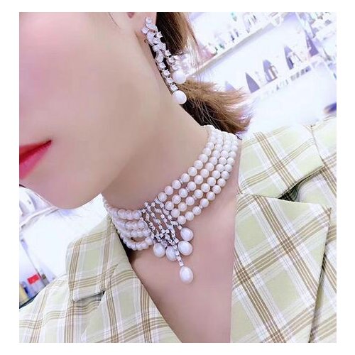 Free shipping Jewelry 4row 7-8mm natural south sea white pearl necklace micro inlay zircon earring bracelet pendant