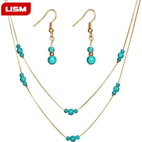 Boho Gold Color Indian Jewelry Set Blue Turquoises Stone Pendant Long Chain Necklace Dangling Earrings for Women Bijoux