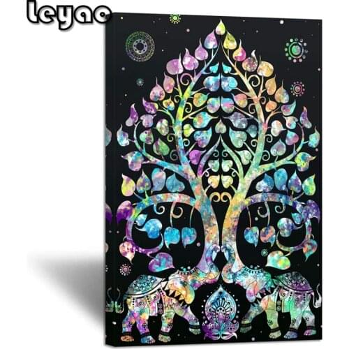 Large Tree of Life Elephant Animal Diamond Painting Abstract Indian Hippie Mandala Bohemian Style Picture Bedroom Home Decor
