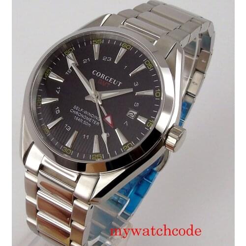 41mm corgeut mechanical automatic men wristwatch GMT sapphire crystal luminous marks stainless steel bracelet
