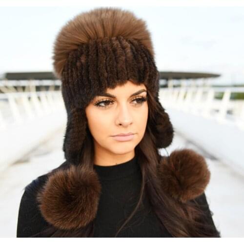 CX-C-61B 2018 New Knitted Elastic Fox Poms Winter Cap Real Mink Fur Hat for Women