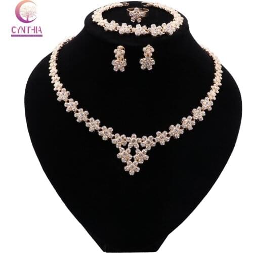 CYNTHIA African Gold Color Jewelry Set Trendy Flower Crystal Necklace Earrings Bracelet Ring Pretty Dubai Woman Wedding Jewelry