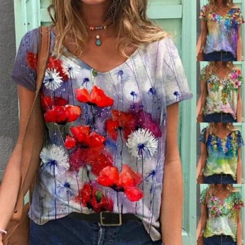 Womens Floral Printed V-Neck T-Shirt Summer Fashion Plus Size Short Sleeved Casual Loose Ladies Tops S-5XL