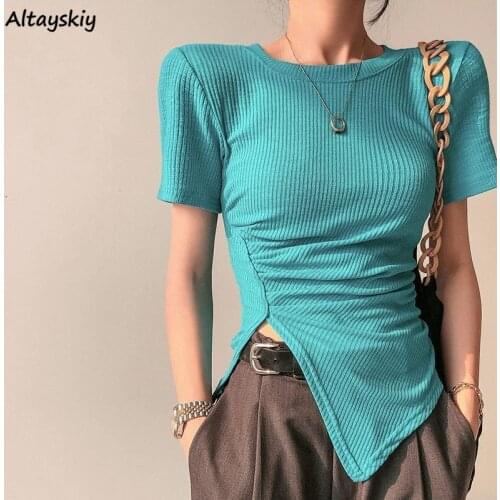 T-shirts Women Summer Irregular Sexy Casual Fashion Soft Side-slit Korean Style New Female Temperament Pure Streetwear All-match