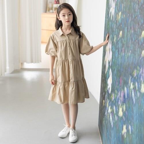 Khaki Preppy Style Layered Dresses Baby Big Girls Puff Sleeve School Dress For Kids Cotton Summer Children Dresses 5-17 Years