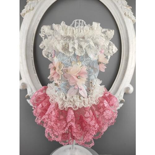 Dog Clothes Dog Dress Lace Collar Rhinestone Flowers Tulle Cool Breathable Vest Pink Skirt Pet Summer Party Poodle Yorkie