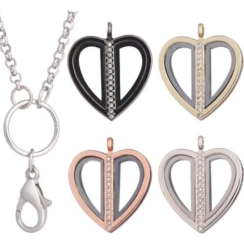 10pcs/lot Two halves Heart sparkling Pendant Necklace Jewelry Magnetic Magent Memory Living Floating charms Locket Free Chain