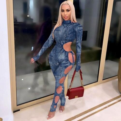 BKLD 2021 Fashion Summer Clothes Sexy Imitation Denim Print Hollow Out Bandage Club Outfits For Women Casual Bodycon Jumpsuit