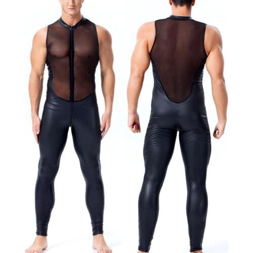AIIOU Mens Mesh Jumpsuit Wrestling Singlet Romper Long Pants Gay Black Faux PU Leather Leotard Sleeveless Underwear Bodysuit