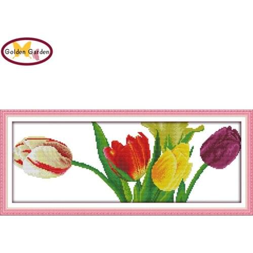 GG Gorgeous Tulips Joy Sunday Cross Stitch Kit DIY Needle Handicraft 14CT Stamped Counted Cross Stitch Pattern for Home Decor