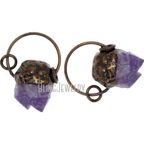 Rustic Copper Plated Fancy Hoop Bail Raw Amethysts Pendant Antique Copper Crystal Pendant PM38058