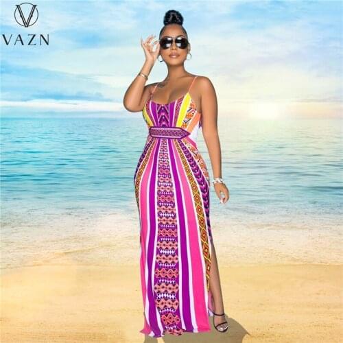 VAZN 2021 New Arrival Indie Folk Sexy Holiday Long Dress Halter Off Shoulder Backless Women High Waist A-Line Maxi Dress